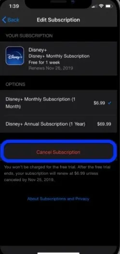 Finally, click on the Cancel Subscription icon. Then confirm your selection